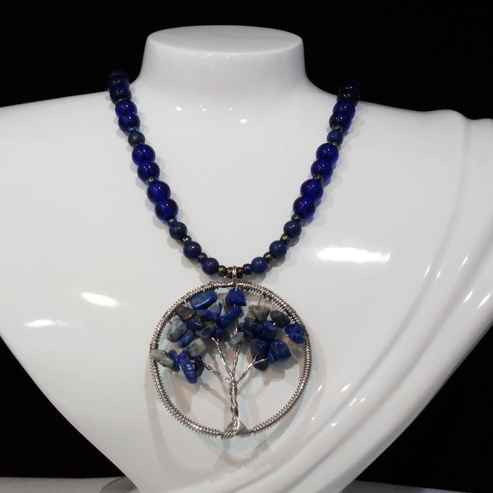 Lapis Lazuli Tree of Life Silvertone Necklace